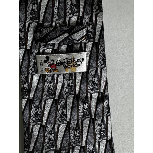 Vintage Disney Mickey Mouse 100% Silk Tie Gray Geometric Pattern WDW Retro - Picture 8 of 11